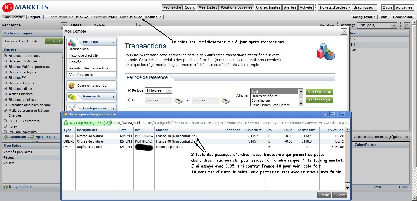 test passage ordres ig markets avec tradesense transactions 12 decembre 2011