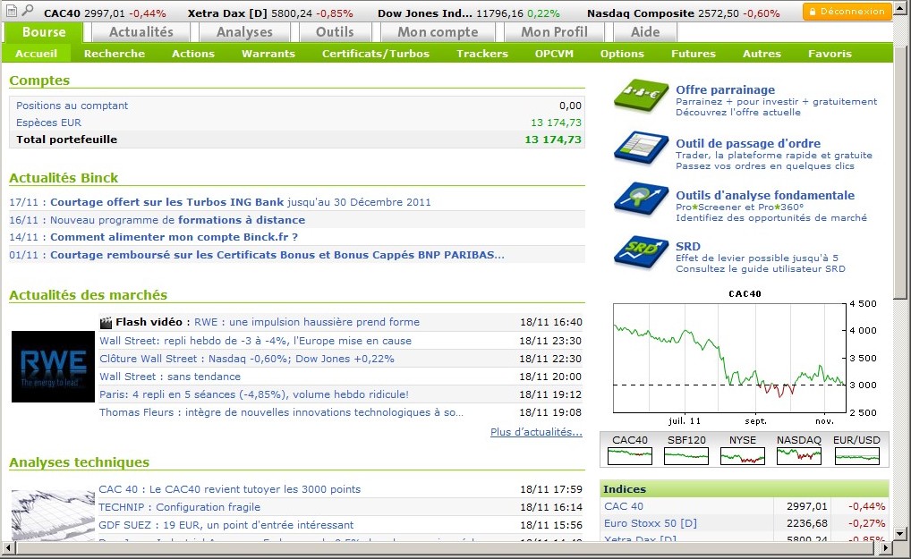 zetrader solde compte titres binck bank 20 novembre 2011